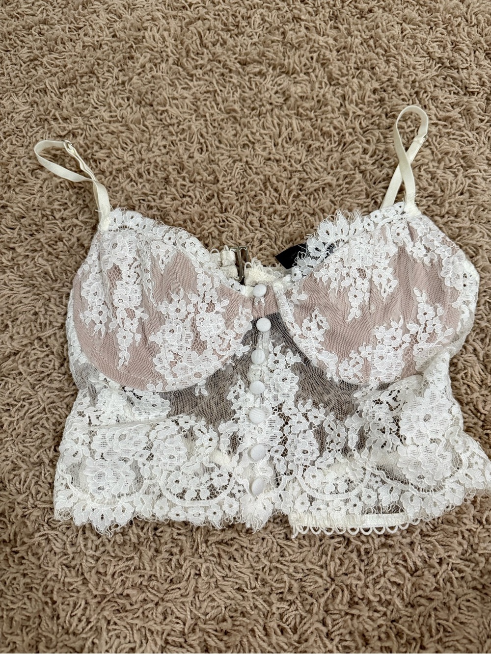 White Fox Boutique White Lace Bustier Crop Top with Nude Lining
